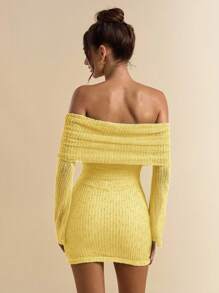 SHEIN BAE 薄荷绿钩针露肩镂空迷你裙、度假沙滩裙、精致钩针裙、早午餐裙、优雅太阳裙、春夏 - 黃色 - 查看 2