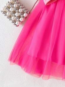 Rochie drăguță din plasă roz cu decor de perle, mânecă lungă, stil prințesă, confortabilă, toamnă/iarnă
