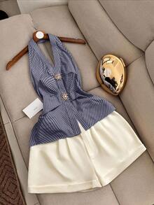 Airaco Women's Elegant Striped Backless Halter Top And Shorts 2 Pieces Set - Dusty Blue - View 1