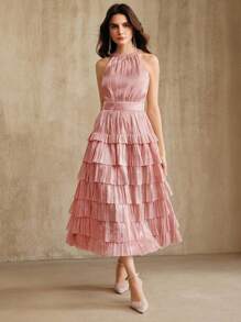 Anewsta Đầm yếm không tay màu hồng sen thanh lịch, phong cách Pháp cao cấp, thanh lịch giảm tuổi, đầm dài Ins dành cho nữ - Bụi hồng - Xem 3