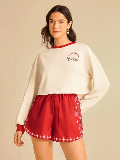 CAJUNI Women's Casual Vacation Mermaid Print Long Sleeve Cropped Sweatshirt Autumn Winter Clothes For Women