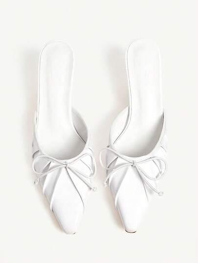 CUCCOO CHICEST Kadın Sivri Burunlu Pileli Papyonlu Yüksek Topuklu Ayakkabılar, Şık İşe Gidiş Modası Beyaz Suni Deri Terlikler, Öğleden Sonra Çayı, Randevu, İş Yeri İçin Uygun, Çok Yönlü