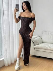 SHEIN EZwear 女士性感碎花露肩高开衩连衣裙，夏季 - 黑色 - 查看 3
