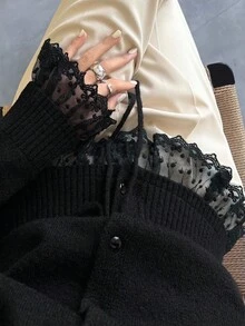 FRIFUL Women's Casual Lace Patchwork Drawstring Crew Neck Loose Hem Cardigan Black Lace Cardigan Lace Sleeve Cardigan Black Cardigan With Lace Black Lace Top Lace Trim Cardigan - Black - View 15