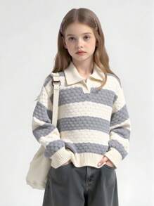 SHEIN 青少年女孩波浪条纹V领撞色休闲套头针织毛衣 - 灰色 - 查看 4