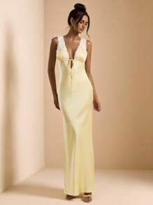 SHEIN BAE 纯黄色性感简约优雅深 V 领系带蕾丝拼接缎面仿丝女式长裙，适合情人节、派对、音乐节、伴娘、舞会、度假 - 黃色 - 查看 3