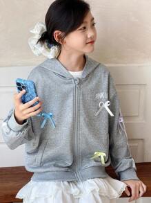 Genkimix Kids Girls' Casual Fashion Sports Everyday Loose Fit Drop Shoulder Long Sleeve Hoodie Jacket With Colorful Bow Decor, Suitable For Back To School In Autumn - Grey - View 4
