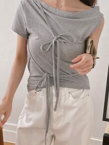 DAZY Women's Simple Solid Color Front Tie Oblique Shoulder T-Shirt, Summer - Grey - View 6
