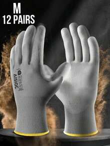 SHEIN 12双装 13号无缝针织安全工作手套，PU涂层聚氨酯浸胶防滑透气轻便，黑灰色可选，男女通用，适用于仓库、花园、建筑、DIY、户外劳务、机械维修等工作。