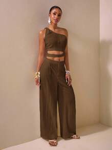 Zivah 2025春夏新款优雅度假休闲通勤母亲节婚礼季音乐节派对街头俱乐部白色纹理面料单肩扭纹细节腰部镂空上衣与阔腿长裤带口袋两件套 - 咖啡棕 - 查看 5