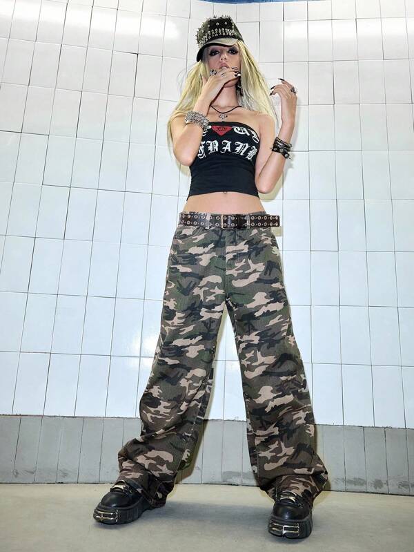 Paul Frank X ROMWE Y2K Streetwear Monkey Embroidery Baggy Camo Loose Fit Jeans