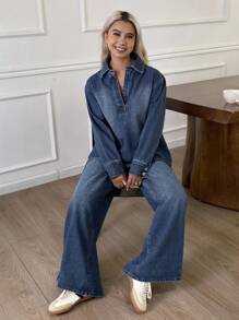 Livesso Autumn New Loose Casual Denim Shirt & Pants 2-Piece Suit For Women, Back To School - Blue - View 6