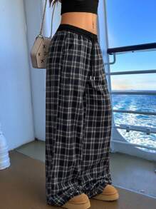 Veykashi Plus Size Black & White Plaid Print Loose Casual Pants, Suitable For Summer Suitable For Going Out - Dark Grey - View 6