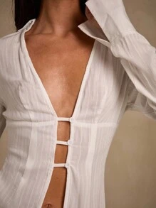 Glamine Blusa de mujer con cuello en V profundo, de moda y sexy, de unicolor - Blanco - Ver 5