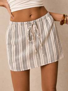 Poéselle 女式条纹抽绳腰口袋宽松休闲裤裙 - 黑色 - 查看 3