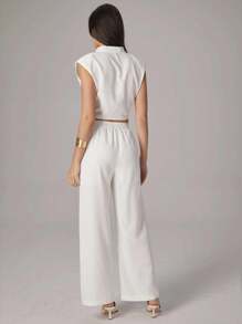 Modelyn 2件套女士无袖褶皱腰上衣和直筒裤 - 米色 - 查看 3