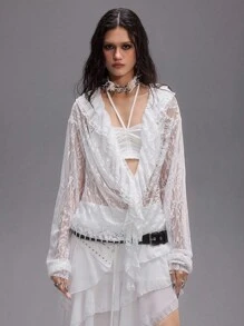ROMWE EDITION Blus Wanita Berenda Transparan dengan Leher Berlipat Dalam Bergaya Punk Romantis - Putih - View 6