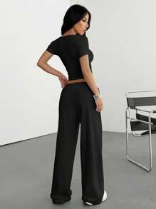 SHEIN EZwear 2件套针织黑色修身刺绣女士家居服套装（夏季） - 黑色 - 查看 2
