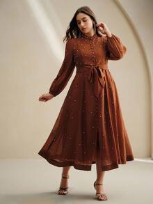 Anewsta Plus Size Women Long Dress With Rhinestone Decor, Elegant And Versatile Formal Dress - Coffee Brown - View 7