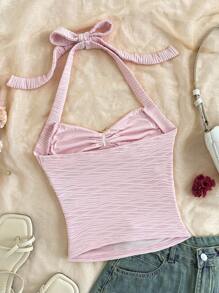 青少年女孩休闲日常时尚度假吊带纹理面料背心，带前中心装饰 - 淺粉色 - 查看 2