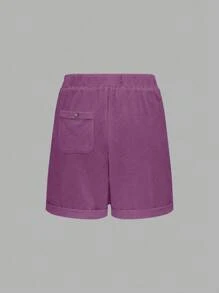 Linhara 大码度假水洗棉收腰后袋纽扣装饰女式短裤 - 紫色 - 查看 2