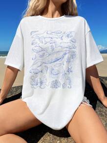 SHEIN EZwear 女士休闲圆领短袖海洋动物印花超大T恤，适合夏季 - 白色 - 查看 1