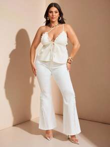 SHEIN BAE Plus Size Women's Linen Sleeveless Crop Top,White,Summer,Elegant,Night Out Club,,Spring,Fall,Halloween,Back To School,Christmas,Wedding Guest - White - View 1