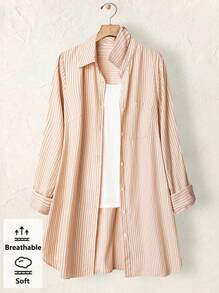 EMERY ROSE 大码休闲通勤条纹长袖衬衫，女士夏季，女士假期，波西米亚风假日，秋季，秋季女装，秋装，乡村音乐会，老钱风格女装，乡村女装 - 淺藍色 - 查看 4