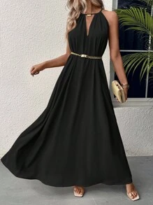 Hotletica Vestido largo de mujer de uso diario de unicolor, cuello halter acampanado, vestido maxi para vacaciones y playa - Negro - Ver 3