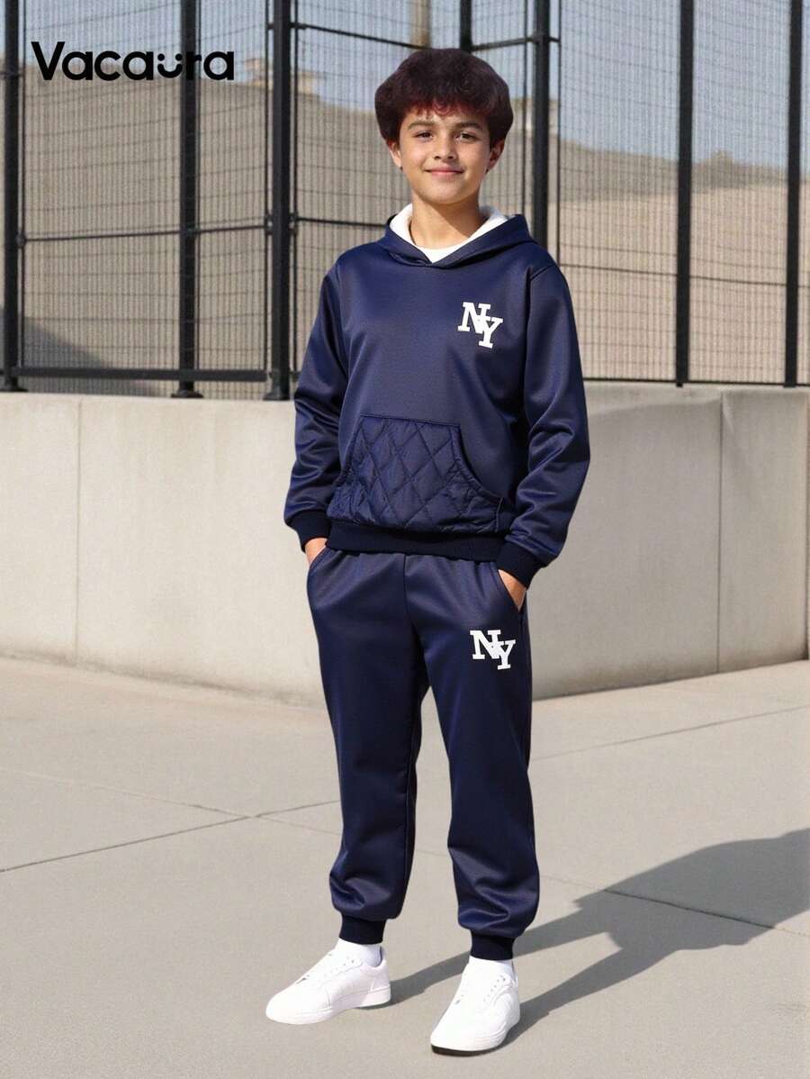 SHEIN Vacaura 2pcs/Set Tween Boy Warm Thick Pullover Hoodie & Pants Set With Pocket, Printed Design, Autumn/Winter Fall - Navy Blue - View 1