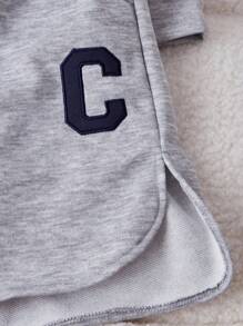 青少年女孩休闲街头风格运动字母刺绣插肩袖宽松 T 恤和短裤套装，夏季 - 灰色 - 查看 4