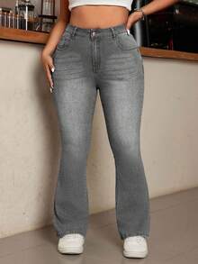 SHEIN Cottnline Plus Size Casual Traditional Washed Slim Fit Flare Leg Jeans Formal Going Out Grey Summer - Grey - View 3