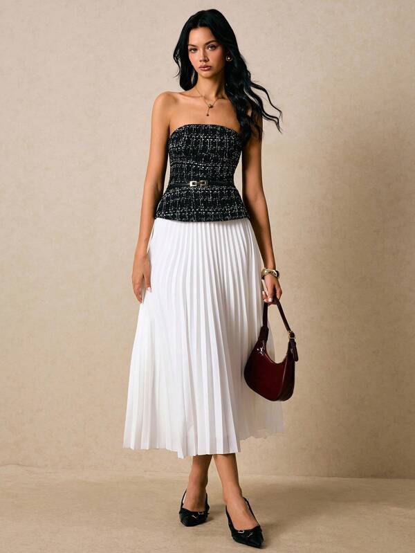 Poéselle 女士优雅通勤抹胸上衣和百褶裙两件套，夏季