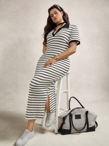 Zelara 大码女式 V 领 Polo 领针织半透明紧身海滩长裙，女士夏季连衣裙，女士教师装，女士夏季装夏季波西米亚风复古款 - 黑與白 - 查看 3