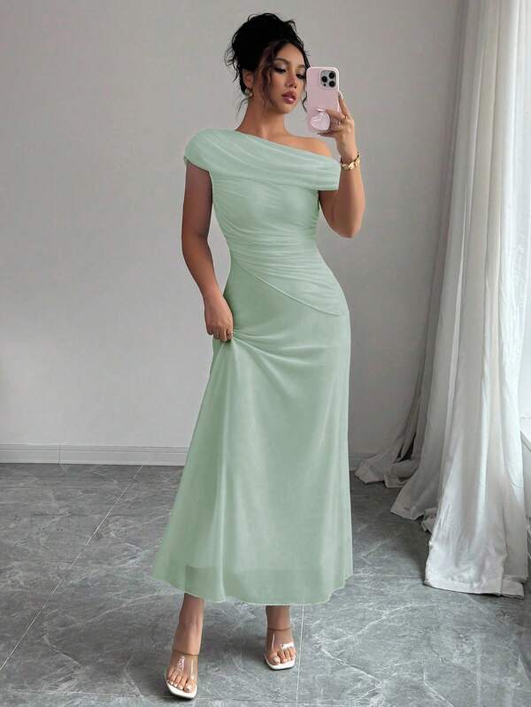 Modelyn Women's Mesh Asymmetric Shoulder Ruched Splice Hem French Elegant Purity Formal Dress