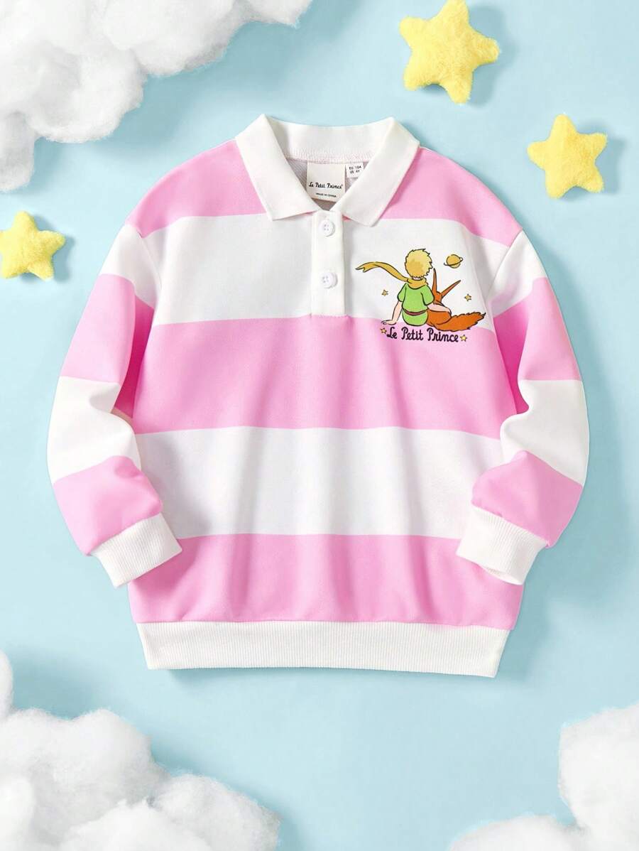 LE PETIT PRINCE X SHEIN Young Girl Cartoon Fox Print Pink & White Striped Cute Sweet Polo Collar Long Sleeve Sweatshirt - Pink - View 1