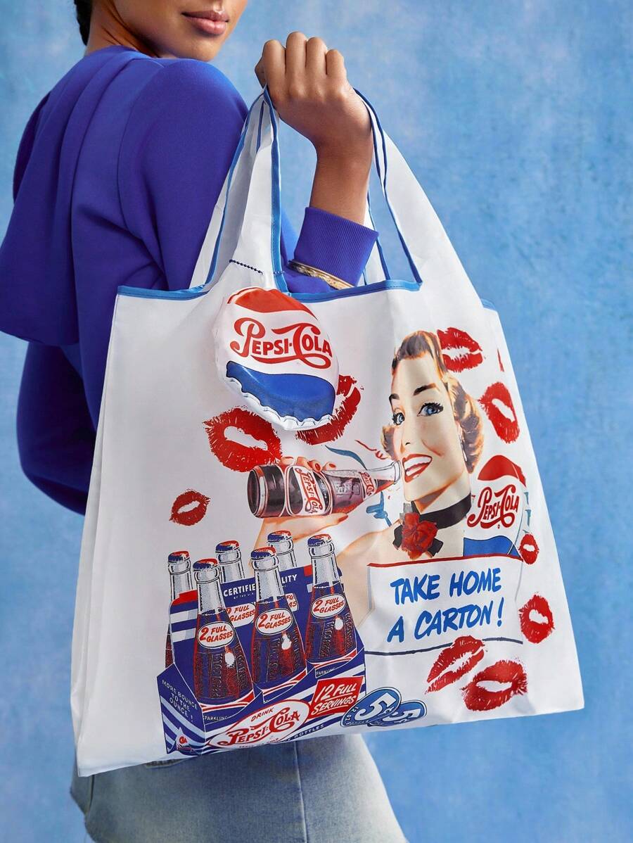 PEPSI X SHEIN 1 pieza Bolsa de compras plegable con gráfico de figura, bolso de mano con cadena de perlas, adecuado para ir al trabajo, compras, viajes, para hombres y mujeres, ligero y portátil