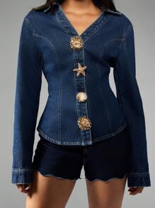 MISSGUIDED Áo khoác denim cài nút tay dài ôm eo họa tiết sao biển vỏ sò vàng trang trí phong cách phương Tây thời trang xuân thu - Rửa trung bình - Xem 3