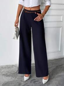 EURMUSE Calça feminina de perna larga com cinto e detalhes em cor sólida - Azul marinho - Ver 1