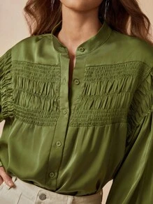 Florisole 女士休闲/办公装褶皱缎面长袖军绿色衬衫 - 軍綠色 - 查看 3