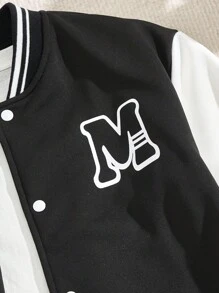 SHEIN Vacaura 青少年男孩字母印花撞色长袖单排扣棒球领夹克和裤子休闲套装 - 黑色 - 查看 4