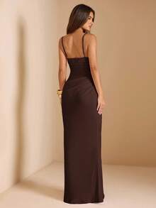 SHEIN BAE 夏季女式蕾丝拼布吊带裙，适合毕业派对、婚礼宾客礼服、约会、宴会、派对、姐妹聚会 - 咖啡棕 - 查看 2