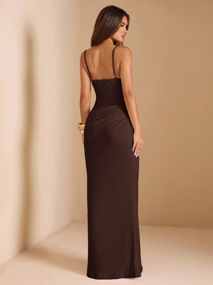 SHEIN BAE Vestido de tirantes de encaje y parches para mujer, adecuado para fiesta de graduación, vestido de invitada de boda, cita, banquete, fiesta, reunión entre hermanas - Café integral - Añade 2