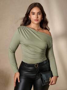Chikora Plus Size Women Solid Color Asymmetric Neck Ruched Top, Suitable For Commuting, Sage Green Top Office Work Classy Elegant Top - Green - View 2