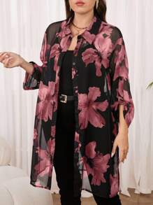 SHEIN Clasi 大码女式花卉印花荷叶边袖单排扣宽松长衬衫