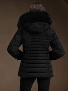 Anewsta 女士黑色毛绒领连帽收腰修身羽绒服，适合秋季、冬季外出，优雅、时尚、正式、万圣节等场合 - 黑色 - 查看 5