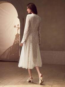 MOTF PREMIUM ELEGANT FAUX PEARL DECOR LACE CONTRAST MESH MERMAID HEM DRESS - White - View 4