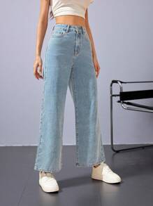 Jeanoix Solid Wide Leg Jeans - Light Wash - View 6