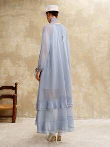 Arave Đầm đi làm, đi chơi, đi nghỉ, cổ chữ V, tay bồng nhẹ nhàng, dễ thương cho nữ, mùa hè - Màu xanh lam - Xem 4