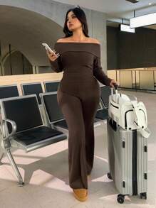 SHEIN EZwear Plus Size Casual & Homewear Minimalist Off-Shoulder Ribbed 2 Pieces Set - Brown - View 5